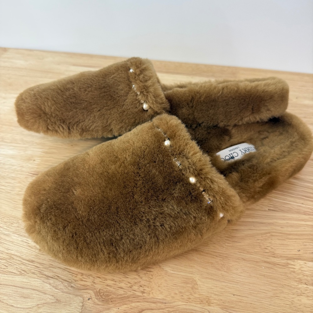 Jimmy Choo Acinda Slipper Women 43 Brown Shearling Faux Pearl Crystal Mules